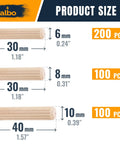 Product size chart showing DIY Ready Wooden Dowel Pins Set 400 Pack: 6x30mm, 8x30mm, 10x40mm fluted birch hardwood dowels.