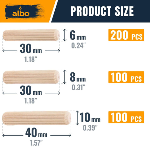 Product size chart showing DIY Ready Wooden Dowel Pins Set 400 Pack: 6x30mm, 8x30mm, 10x40mm fluted birch hardwood dowels.
