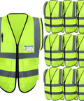 10 Pack Reflective Safety Vests With Pockets And Zipper, High Visibility Work Vests For Men And Women, Construction, Cycling, Fluorescent Green