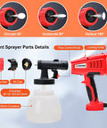 Cordless HVLP Paint Sprayer With 1300ML Cup 3 Spray Patterns And 4 Nozzles Easy Clean Joints parts diagram with spray angles