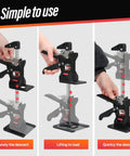 Two black drywall/furniture lifting jacks with red springs, 12-inch reach, 400 lb capacity, includes carrying case.