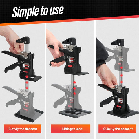 Two black drywall/furniture lifting jacks with red springs, 12-inch reach, 400 lb capacity, includes carrying case.