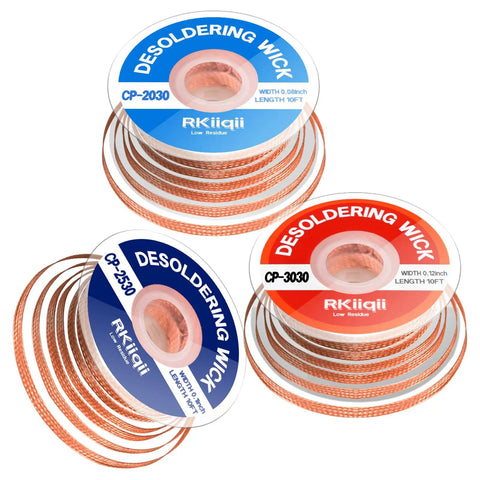 Desoldering Solder Wick Braid Kit With Flux, 3 Size Spools 0.08, 0.1, and 0.12 Inch, 10 Feet Each, No Clean Low Residue Coated Soldering Wick