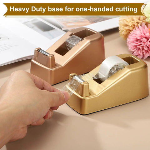 Heavy Duty Frosted Tape Dispenser Slick Non Skid Desk Holder Built Tough For One Hand Snipping Silver Plastic Organizer in use.