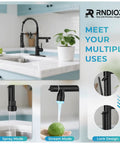 RNDIOZD LED Kitchen Faucet with Pull Down Sprayer, 2-Spout, Matte Black showcasing spray and stream modes, modern design.