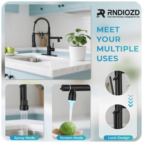 RNDIOZD LED Kitchen Faucet with Pull Down Sprayer, 2-Spout, Matte Black showcasing spray and stream modes, modern design.