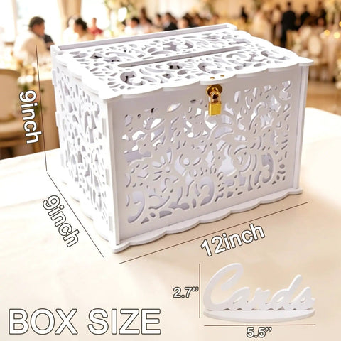 Slick White Silhouette Wedding Card Box With Lock And Slot, Dope Floral Hollow Envelope Holder angled view with dimensions on table.