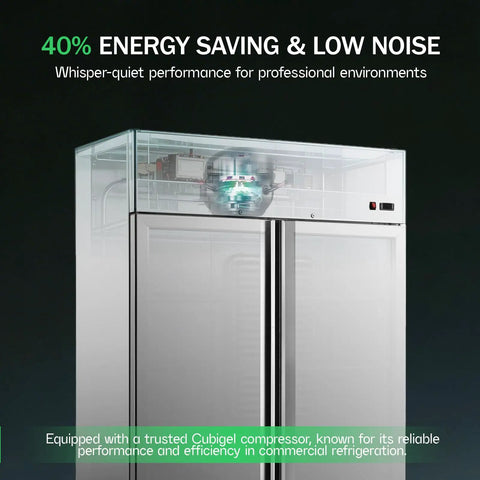 Straight Up Heavy Duty Commercial Upright Refrigerator With Solid Double Doors displaying digital control and Cubigel motor.