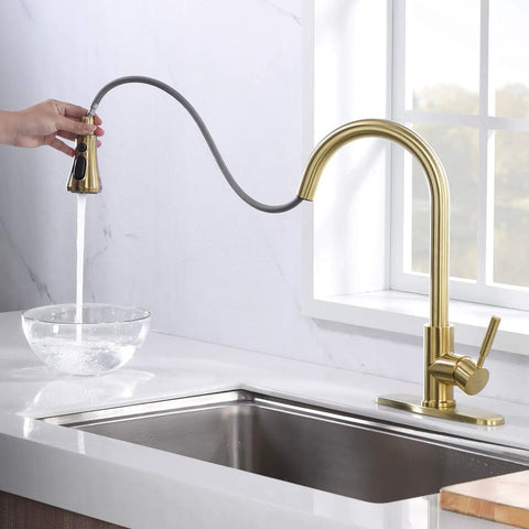 Gold Kitchen Faucet With Pull Out Sprayer, Single Handle, 3 Hole Install, Brushed Gold Stainless Steel Sink Faucet for RV Utility