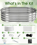 Tough Oval Galvanized Raised Garden Bed For Outdoors kit content, including metal panels, guard strip, nuts, bolts, gloves, and tools.