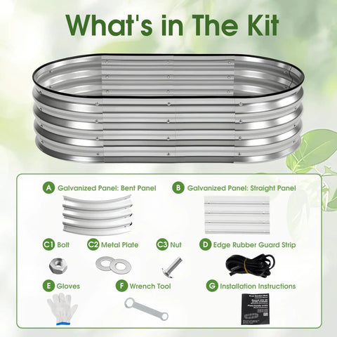 Tough Oval Galvanized Raised Garden Bed For Outdoors kit content, including metal panels, guard strip, nuts, bolts, gloves, and tools.