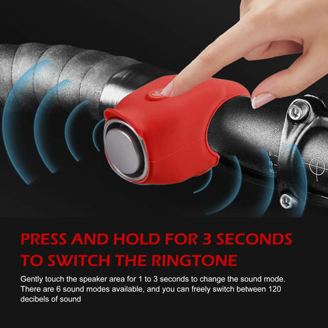 120dB Waterproof Silicone Bicycle Horn With 6 Sound Options Universal Handlebar Alarm For Adults Kids Bikes Scooters Ebikes Loud As Heck City Warning Bell Red on handlebar