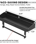 2 In 1 Wall Mounted Tool Tray With Paper Holder For Workshop Shed And Garage Heavy Duty Small Tools Rack Quick Access Storage Organizer Keeps Your Gear Ready And Neat Holds Up To 40 Lbs, black metal shelf with dimensions