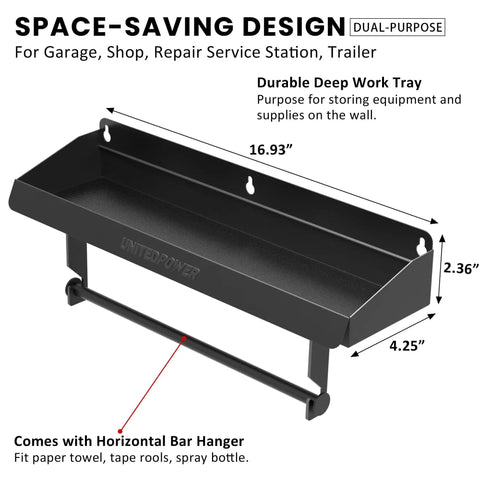 2 In 1 Wall Mounted Tool Tray With Paper Holder For Workshop Shed And Garage Heavy Duty Small Tools Rack Quick Access Storage Organizer Keeps Your Gear Ready And Neat Holds Up To 40 Lbs, black metal shelf with dimensions