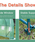 Outdoor Walk In Greenhouse 10 Ft Long 7 Ft Wide 7 Ft High Portable Garden Kit side window and stable support details