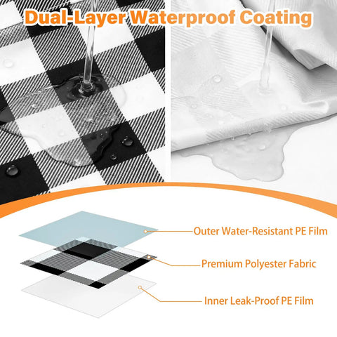 Six Foot Picnic Table Cover With Bench Covers Set All Weather Dual Layer Waterproof Tablecloth with diagram showing layers.