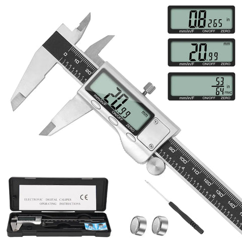 Digital caliper with large LCD screen showing measurements, 6 Inch Digital Caliper Tool With Big LCD Screen For DIY And Home Projects