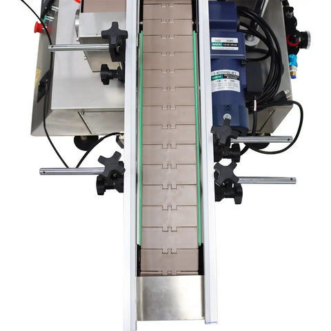 No Drama Fully Automatic Desktop Labeler With Smart Touch Interface For Round Square And Hex Containers crushes labels with a conveyor system.