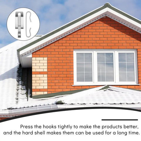 House roof with snow and inset of 48 Pack Gutter Light Clips And Spacers For 1.8 Inch Heat Cable Deicing Roof Gutter Christmas Lights Hooks Outdoor Decor Kit Pro Grade Outdoor Use Weather Resistant Easy Clip And Spacer System For Holiday Lighting.