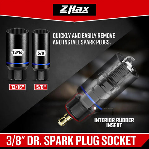 Three Eighths Inch Drive 12 Point Impact Socket Set With Deep And Shallow Sockets, 74 Piece SAE From Five Sixteenths To Three Quarters And Metric Eight To Twenty Two Millimeters, Color Ring, 72 Tooth Ratchet Tool Kit, Cr V With Heavy Duty Case featuring 3/8" spark plug socket with rubber insert