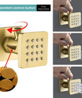 Independent control button for 24 X 32 LED Dual Head Ceiling Mount Shower System With Thermostatic Valve in brushed gold finish.