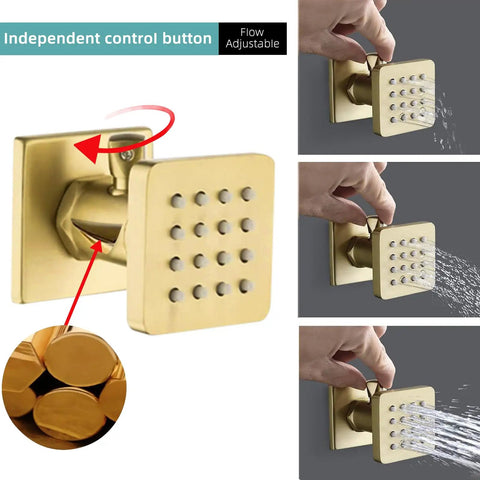 Independent control button for 24 X 32 LED Dual Head Ceiling Mount Shower System With Thermostatic Valve in brushed gold finish.