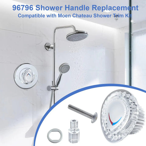 Two Pack 96797 Shower Handle Replacement For Chateau Trim Kit with chrome finishes and included screws, shown on shower wall.