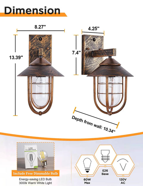Dimensions of Smart Dusk To Dawn Sensor Outdoor Wall Lantern in Nautical Style showing oil rubbed bronze finish and E26 socket.