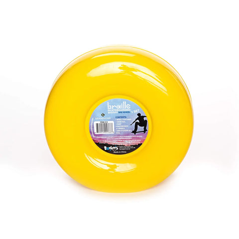 Bright yellow skateboard wheel with sticker, part of Mystery SK8 Collector Set Series 2 Ultimate Pack With Collector Case Four Finger Boards Pro Trucks 16 Wheels Tool Four Stickers Grind Rail And Ramp For Epic Unboxing And Skate Everything.