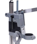 Detail of Rugged Workhorse Double Hole Drill Press Stand With No Sweat Depth Adjustment universal aluminum clamp for precise drilling.
