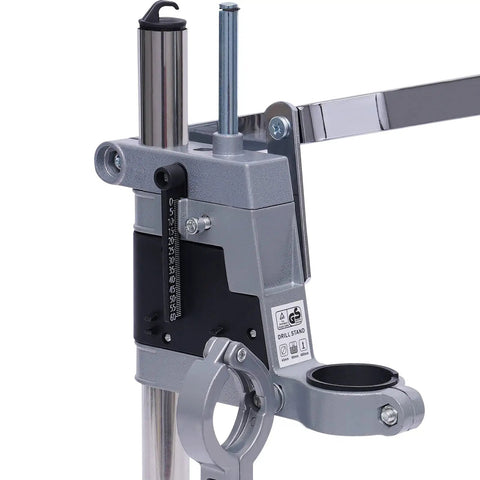 Detail of Rugged Workhorse Double Hole Drill Press Stand With No Sweat Depth Adjustment universal aluminum clamp for precise drilling.