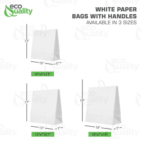 Image displaying Large White Kraft Paper Bags With Handles 13x7x17 Inches 200 Count Durable Reusable Shopping Gift Bags in three sizes.
