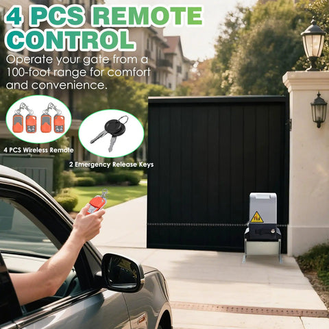 Person using remote to operate Beefy 750W Automatic Sliding Gate Opener Kit with app control and remotes in driveway.