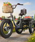 All Terrain Electric Tricycle for Adults With 1200W Peak Motor, 36V 20Ah Battery, 75 Mile Range, Large Rear Basket, 20 Inch Fat Tires, Folding 3 Wheel Ebike, Max 20 MPH, Ideal for Commuting and Fun City Rides, front view with grocery basket
