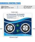 Mechanical control panel of the Heavy Duty 150W Ultrasonic Cleaner Machine With Digital Timer And Heater showing timer and temperature settings.