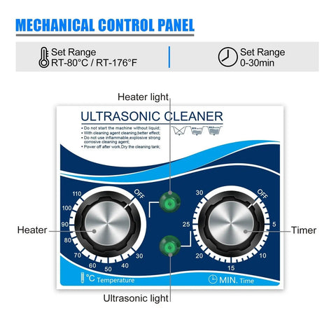 Mechanical control panel of the Heavy Duty 150W Ultrasonic Cleaner Machine With Digital Timer And Heater showing timer and temperature settings.