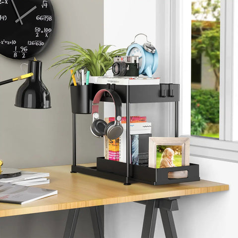 Under Sink Organizer No Brainer With Pull Out Drawer Two Tier Cabinet Storage Black on wooden desk holding books and headphones