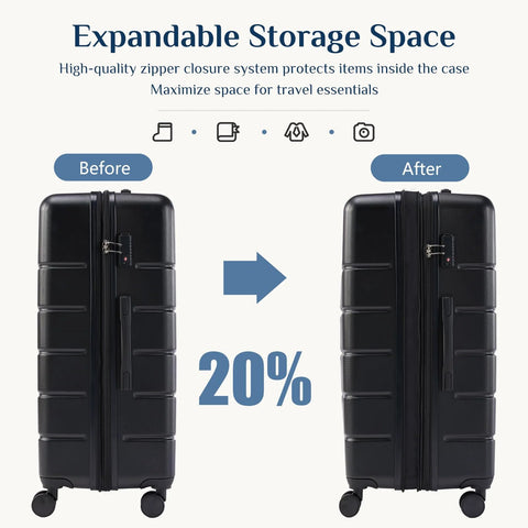 Three Piece Hardside Luggage Set With Spinner Wheels For Easy Travel No Sweat, Lightweight ABS Hard Shell Carry On Suitcases, Expandable To Fit More, TSA Approved Lock, Black, Includes 20 24 And 28 Inch Sizes OLIXIS, expandable storage space feature