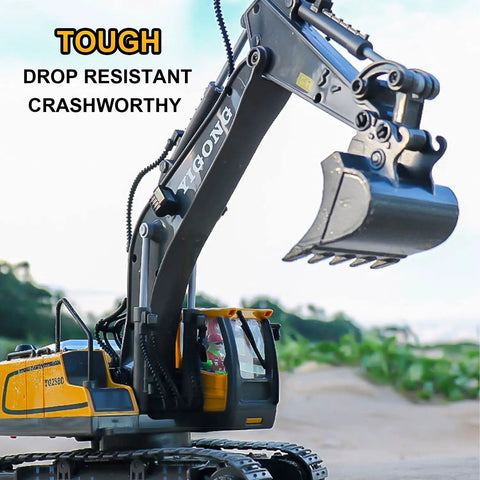 Boss 11 Channel RC Excavator Toy With 680 Degree Rotation And Alloy Bucket One Twentieth Scale raising bucket outdoors