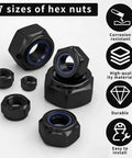 Heavy Duty M4 Nylon Insert Lock Nuts 150 Piece Assortment Black Metric Nylock Hex Bolts with multiple sizes shown.