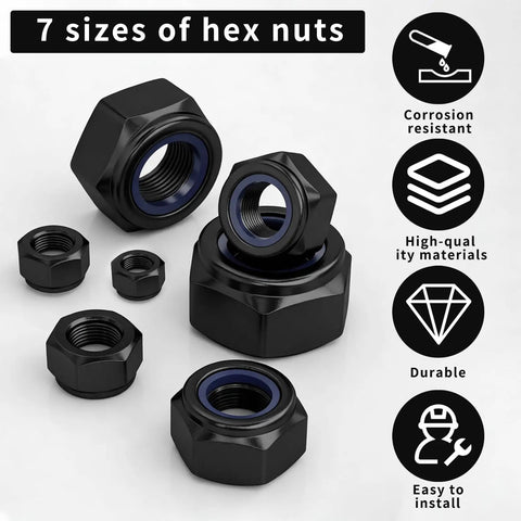 Heavy Duty M4 Nylon Insert Lock Nuts 150 Piece Assortment Black Metric Nylock Hex Bolts with multiple sizes shown.