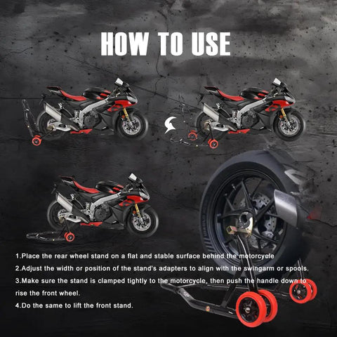 Front And Rear Motorcycle Stands 850lbs Combo Lift With Four Adapters Universal Paddock Stands Wheel Lift instructions