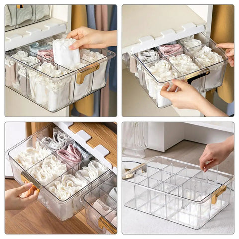 Adhesive Hanging Closet Rod Rack With Extra Sock And Underwear Dividers Straight Up Keeps Your Closets Hella Neat Zero Clutter Flex Installed On Any Wall Save Major Floor Space For Compact Homes And Dorms. Clear storage rack with divided sections for socks and underwear.
