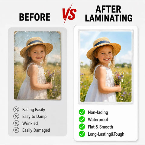 Comparison of photo before and after using Super Durable 5 Mil Business Card Laminating Sheets Two Hundred Pack Clear Thermal Pouches.