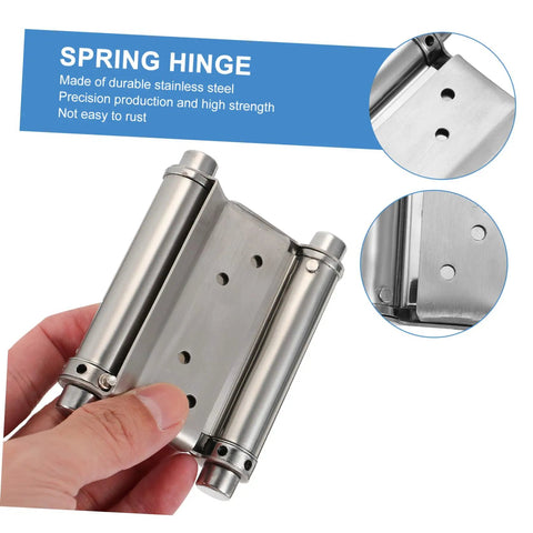 Heavy Duty Double Action Spring Hinges Built Tough As Nails With Rust Proof Stainless Steel For Smooth Self Closing Swing Doors viewed from a hand gripping its body.