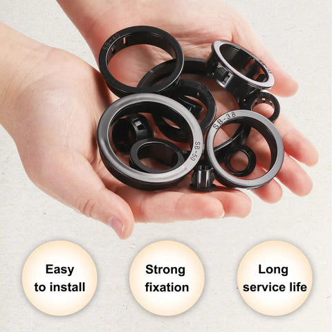 Hands holding black 60 Pack Nylon Wire Grommets for Cables and Hoses, Easy Install With 15.8mm Mounting Hole, PA Nylon Protective Bushing