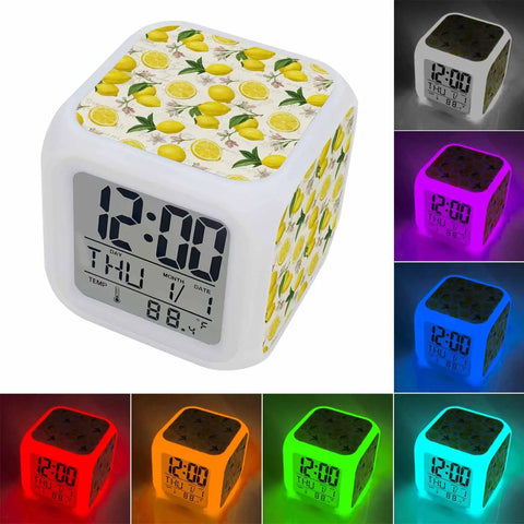 Chill Vibes Digital Alarm Clock Displays Time On A Watercolor Lemon Botanical Cube with LED soft glow and digital display.