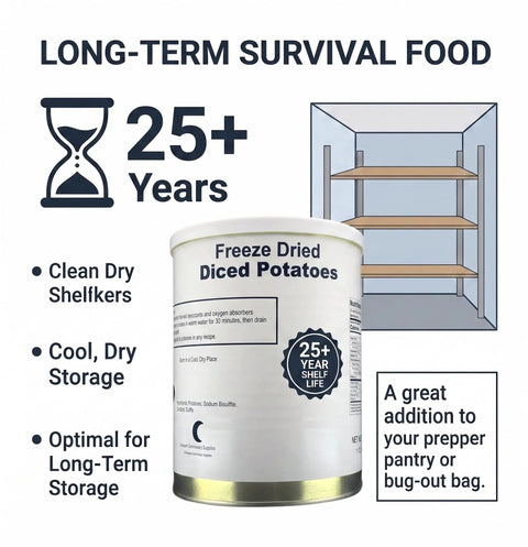 Can of Freeze Dried Diced Potatoes 32 Oz Ready To Eat Survival Food For Emergency Prepper Gear with 25 plus year shelf life