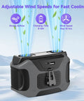 Beast Mode Portable Waist Fan With 20000mAh Battery 5 Speeds Hands Free Belt Clip Fan Delivers 16000 RPM Airflow For Camping Travel Worksite And Fishing Dual Sided Wearable Fans showing charging and wind speed features.