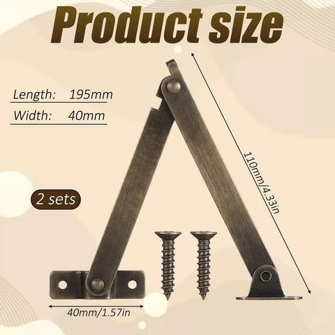 2 Pack Lid Support Hinges Antique Bronze Folding For Wooden Boxes Jewelry Cases Display Furniture Cabinets Cupboards Includes 10 Mounting Screws Rust Resistant Iron 7.6 Inch Extend When Open And 4.3 Inch Closed Built Tough, showing hinge dimensions and screws.